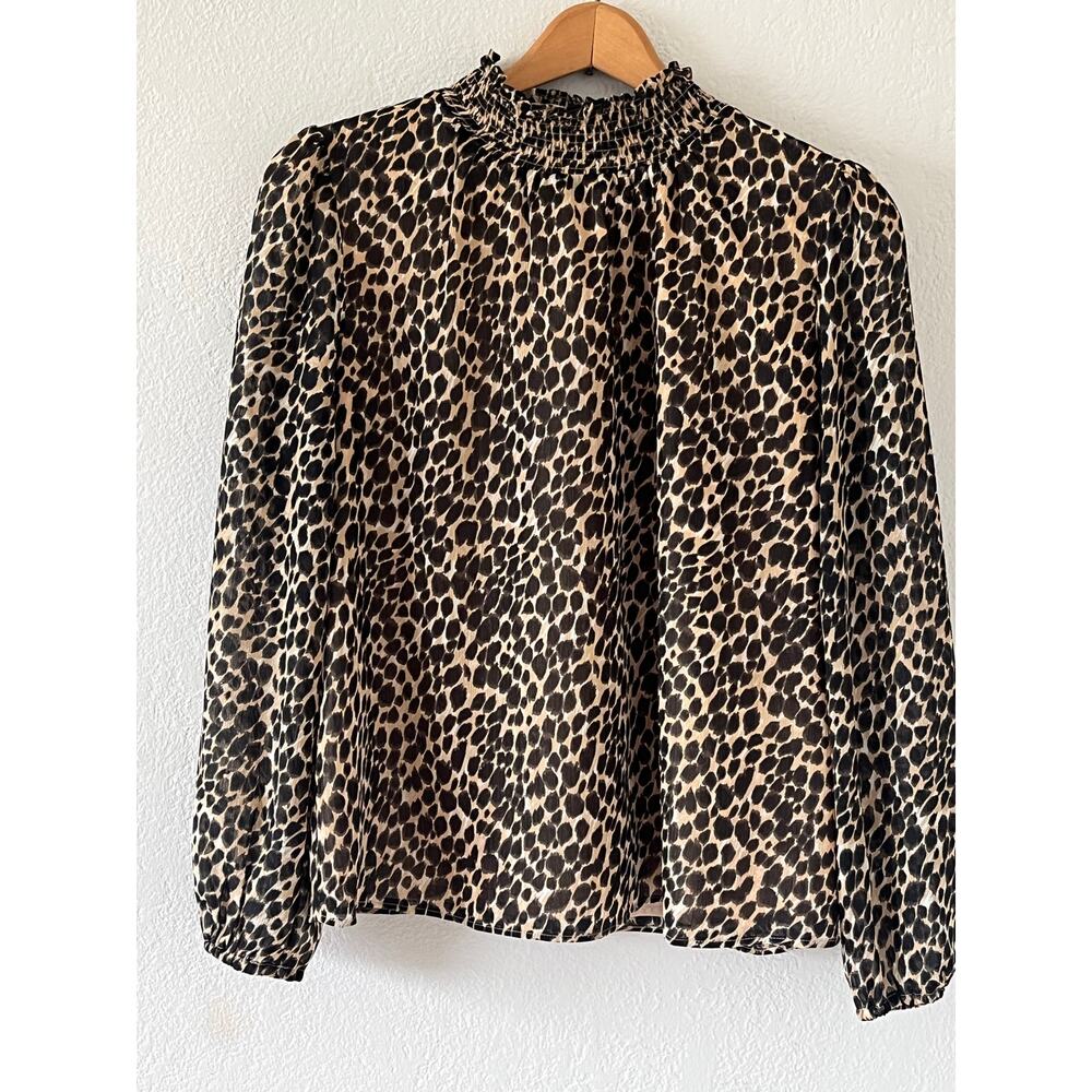 Women's J Crew Cheetah Print Long Sleeve Ruffle Neckline Top Blouse Size XS